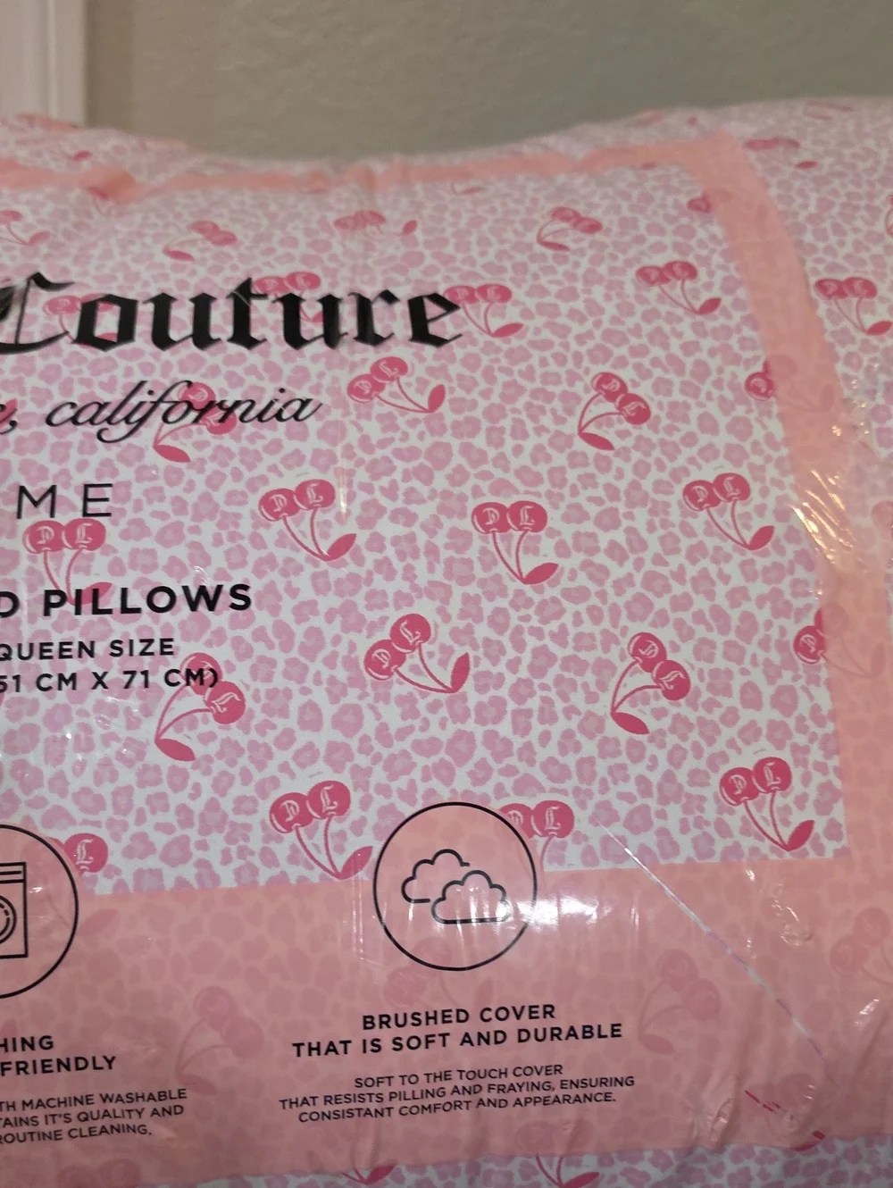 Juicy Couture Pink Home Cherries Leopord Print 2-Pack Jumbo Bed Pillows